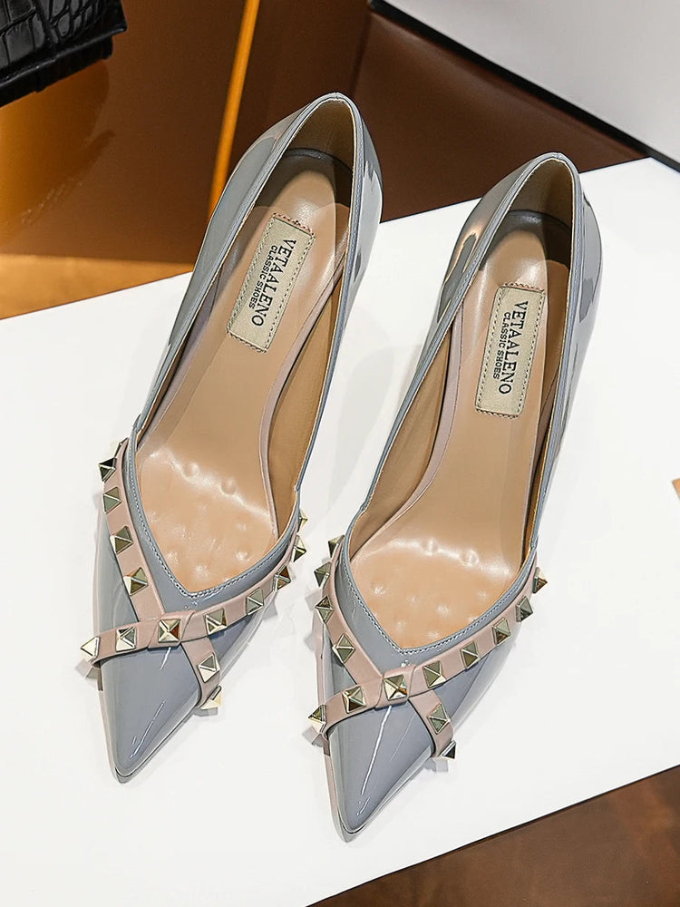 【Misurati la lunghezza dei piedi prima di ordinare】Scarpe da donna con tacco a spillo sottile e punta a punta con rivetti, scarpe eleganti da festa 120-CHC-33 platinumshop