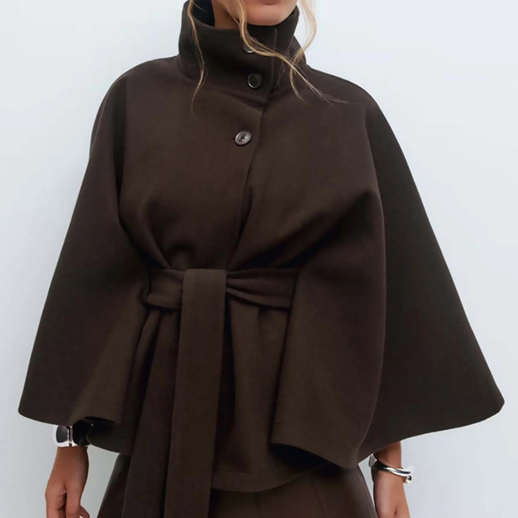 Women Lace Up High Neck Jackets for Women with Belt Elegant Windbreaker Faux Wool Blends Cape Korean Solid Windbreaker Cloak