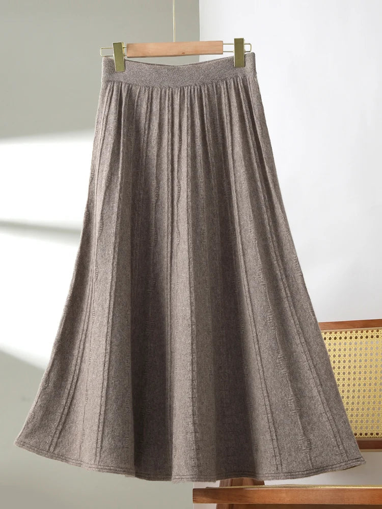 TLOML New Women's 100% Merino Wool Knitwear Wool Skirt Autumn Winter Long Pleated Skirt Grace Soft Warm Comfy Chic Dress Skirt PlatiNum