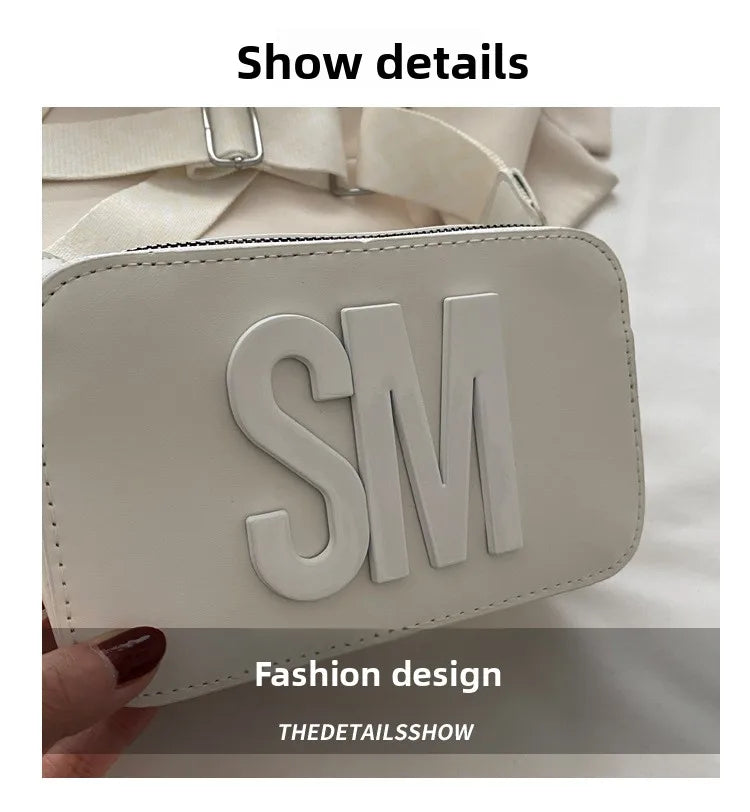 Chic SM Letter Camera Bags, Stylish Women’s Crossbody Small Square Purses with Wide Patterned Straps, Perfect for Daily Casual PlatiNum