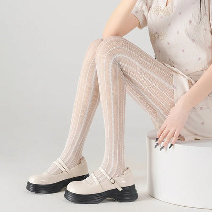 Women's Sexy Lace Fishnet Stockings Lolita Style Hollow Out Design Red Silk Socks JK High Waist Striped Tights Christmas Gifts