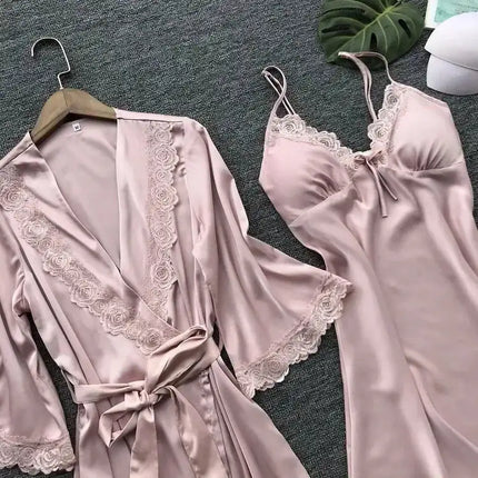 2PCS Women Lace Pajama Set Satin Home Pyjamas Lace Robe V-Neck Nightgown Bridal Silk Gown Women's Nightwear