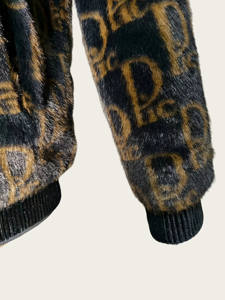 Winter Men's Lapel Imitation Fur Letter Print Warm Jacket