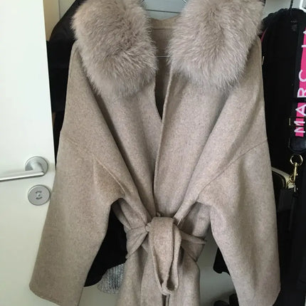 OFTBUY Omen Double Face Wool Coat Natural Fur Coat Wool Blend Jacket Winter Warm Elegant Long Sleeve Fur Cuffs Fashion Outerwear
