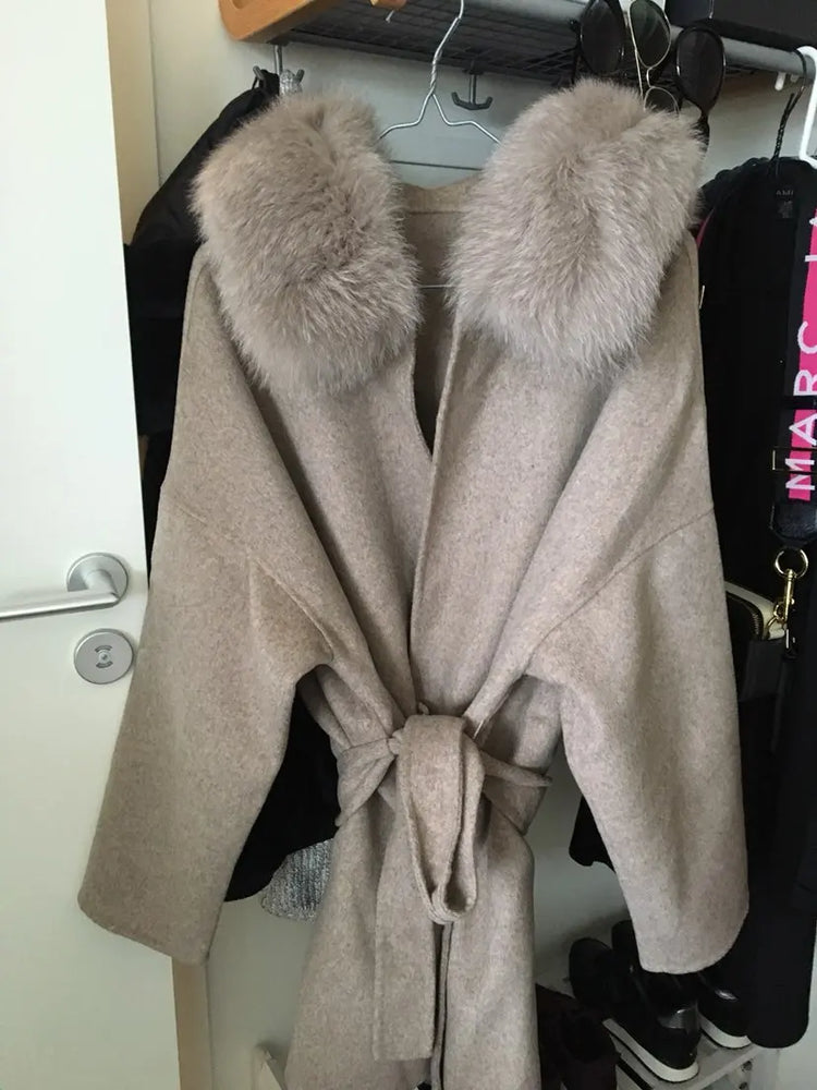 OFTBUY Omen Double Face Wool Coat Natural Fur Coat Wool Blend Jacket Winter Warm Elegant Long Sleeve Fur Cuffs Fashion Outerwear