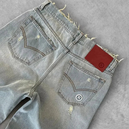 Straight Jeans Distressed Men Jean Ripped Holes Washed Denim Pants Ankle Length Loose Solid Zipper Fly Pockets Casual 2025 PlatiNum