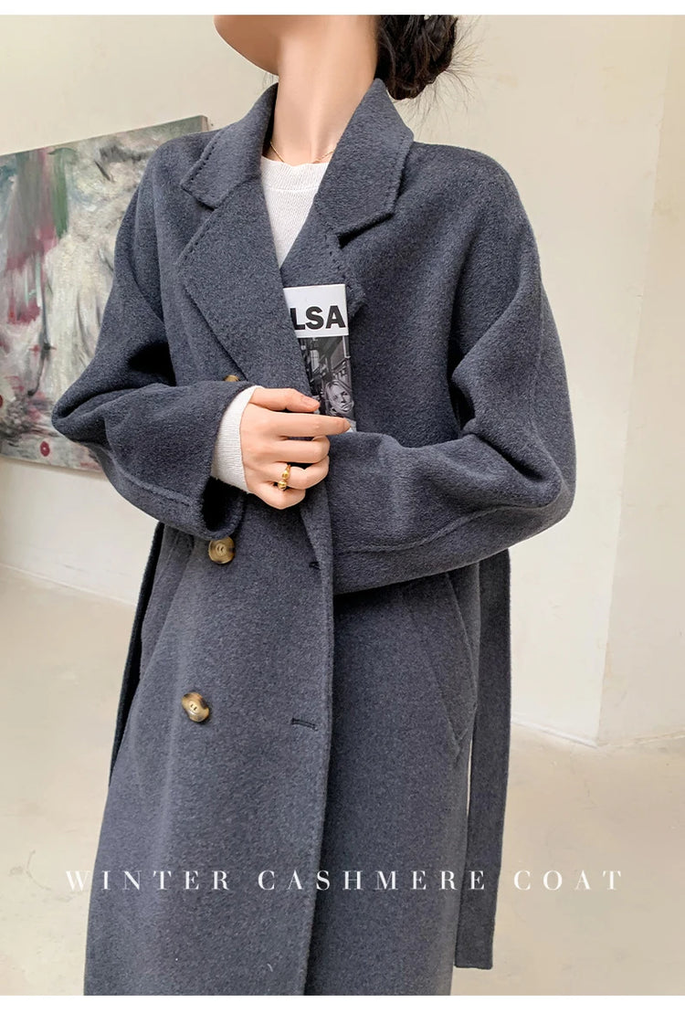 Ladies' 100% Cashmere Thick Double-Sided Extended Coat, Classic, Versatile and Fashionable for Business and Leisure