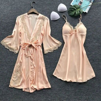 2PCS Women Lace Pajama Set Satin Home Pyjamas Lace Robe V-Neck Nightgown Bridal Silk Gown Women's Nightwear