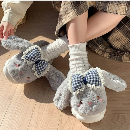 2026 New Women's Cotton Bow Bunny Slippers Winter Indoor Home Warm Household Wool Cotton Shoes Women Wear Indoor Winte