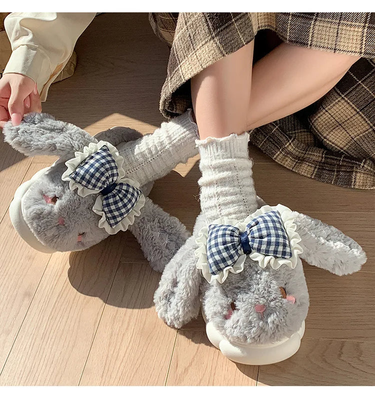 2026 New Women's Cotton Bow Bunny Slippers Winter Indoor Home Warm Household Wool Cotton Shoes Women Wear Indoor Winte