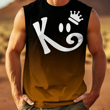 Men's Sleeveless T-Shirt with K Letter 3D Digital Print, Casual Polyester Round Neck Tank Top, Men's Sports Top.