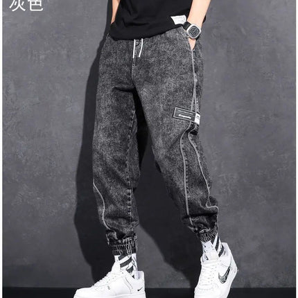 Loose Elastic Waist Denim Jeans for Men 2024 Fashion Casual Spring Workwear Foot-Tied Pants with Brand Workwear Baggy Trousers PlatiNum