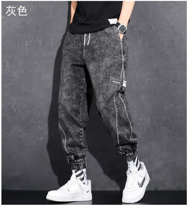 Loose Elastic Waist Denim Jeans for Men 2024 Fashion Casual Spring Workwear Foot-Tied Pants with Brand Workwear Baggy Trousers PlatiNum