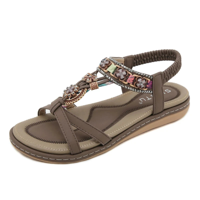 Summer 2025 Pomesian Rhinestones Comfortable And Casual Beach Flat Sandals For Women Ethnic Style Leisure Comfortable And Simple