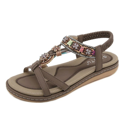 Summer 2025 Pomesian Rhinestones Comfortable And Casual Beach Flat Sandals For Women Ethnic Style Leisure Comfortable And Simple