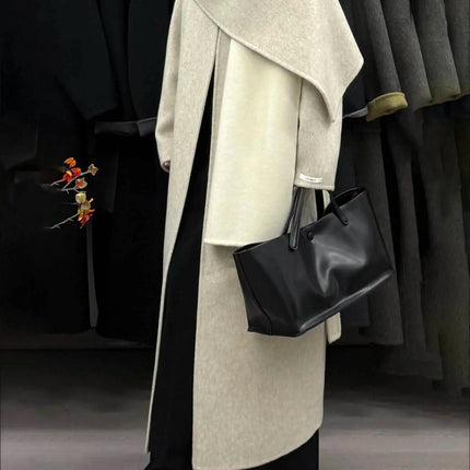 DFDG Woman's Cowl-neck Pure Color Versatile Patchwork Two-color Design 2025 Spring New Style Loose High-quality Long Coat