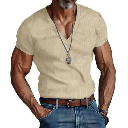Men's European and American Summer Corduroy Solid Color Slim Casual V-Neck T-Shirt Amazon