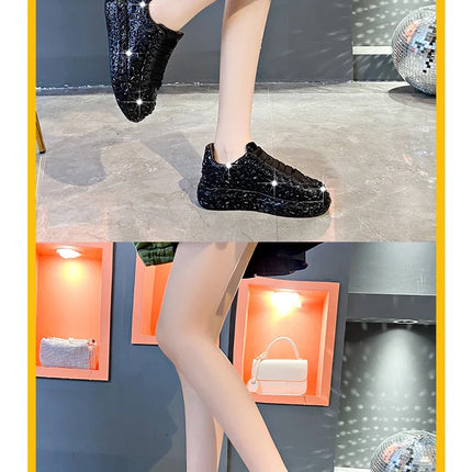 2025 Autumn Leather Women Shoes New Style Fashion Platform Shoes Ins Platforms Sneakers Tide Shine Bling Rhinestone Shoes
