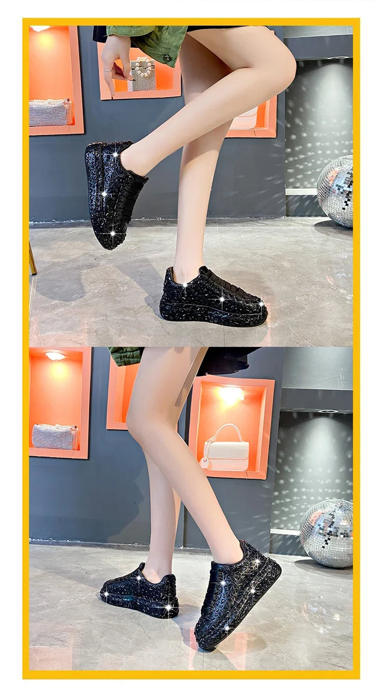 2025 Autumn Leather Women Shoes New Style Fashion Platform Shoes Ins Platforms Sneakers Tide Shine Bling Rhinestone Shoes