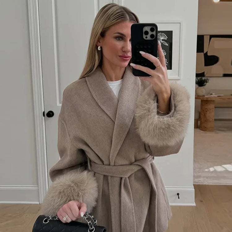 Elegant Women's Lace Up Woolen Coats Solid Full Sleeve Turn-down Collar Loose Lady Coats 2026 Autumn Winter Female Streetwear