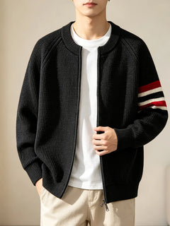 Men's Fashion Zip Up Knit Cardigan Jacket Long Sleeve Striped Arm Sweater Coat Casual Loose Stand Collar Outerwear Autumn Winter