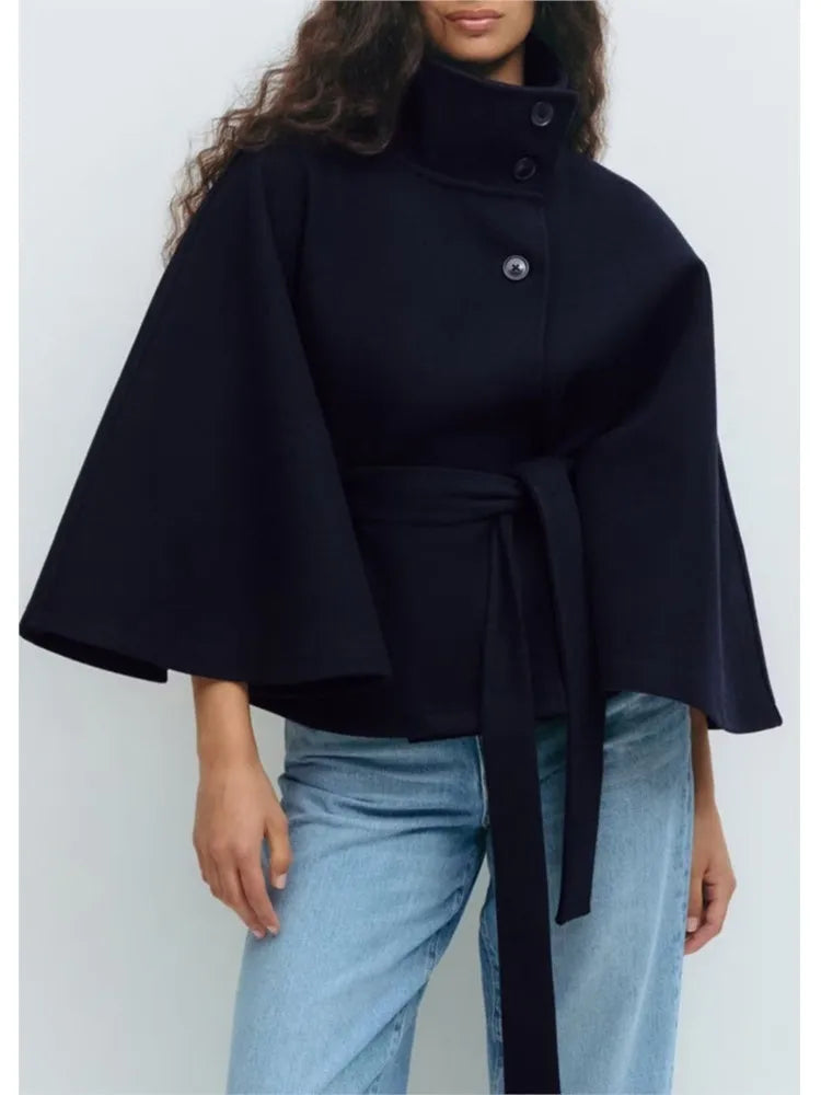 Autumn And Winter New Fashion Solid Color Cloak Stand-up Collar Button Belt Windbreaker Jacket Women's Temperament Commuting Top