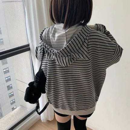 Cartoon Embroidery Women Hoodies Japanese Sweet Cute Cat Ears Striped Hooded Sweatshirts Harajuku Streetwear Loose Casual Coats
