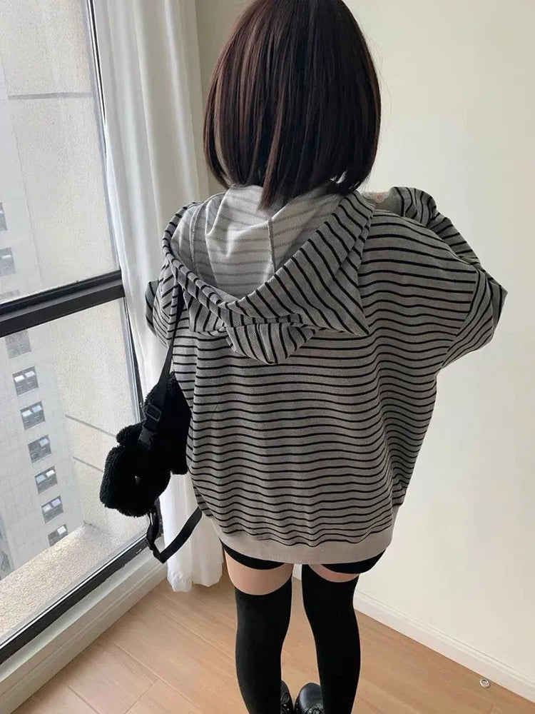 Cartoon Embroidery Women Hoodies Japanese Sweet Cute Cat Ears Striped Hooded Sweatshirts Harajuku Streetwear Loose Casual Coats