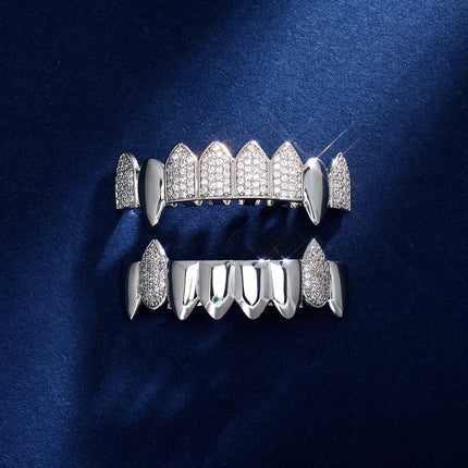 Hip Hop Full CZ Stone Teeth Grillz Caps Cubic Zircon Iced Out Micro Pave Top&Bottom Charm Grills for Men Women Punk Jewelry PlatiNum