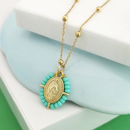 QMHJE Collana con ciondolo Vergine Maria Collana da donna con croce Girocollo Perline Catena in acciaio inossidabile Colore oro Boho Bianco Nero Rosa