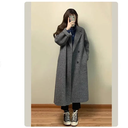 Grey Double-sided Cashmere Coat Women's 2026 Winter New Korean Version Loose Thick Down Woolen Coats Solid Casual Long Overcoat