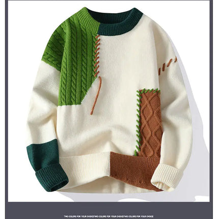 Autumn Winter Warm Mens Knitted Sweaters Fashion Patchwork O Neck Knit Pullovers Korean Streetwear Pullover Casual Mens Clothing