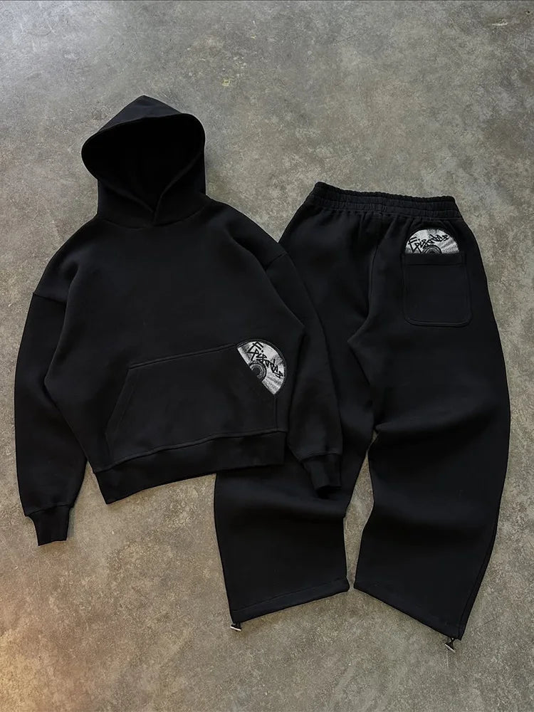 2026 Trendy High Street Retro Casual Streetwear Men's Sports Suit Y2K Harajuku Embroidered Hoodie men Hip-hop Loose Sweatpants PlatiNum