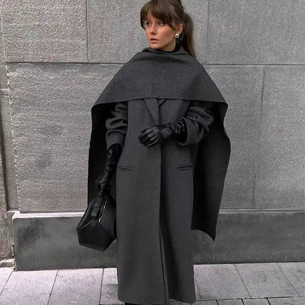 Elegant Big Scarf Collar Women's Coat Fashion Double Breasted Pockets Overcoats 2026 Autumn New High Street Oversize Outerwears