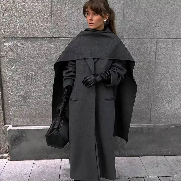Elegant Big Scarf Collar Women's Coat Fashion Double Breasted Pockets Overcoats 2026 Autumn New High Street Oversize Outerwears