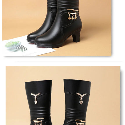 Women Comfortable Fleece Medium Boots Autumn Winter New Style Thick Heel Side Zipper Pointed Fashion High Heels Boots Elegant