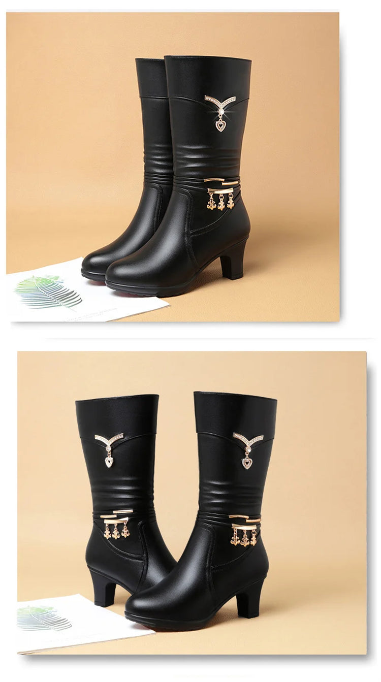 Women Comfortable Fleece Medium Boots Autumn Winter New Style Thick Heel Side Zipper Pointed Fashion High Heels Boots Elegant