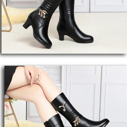 Women Comfortable Fleece Medium Boots Autumn Winter New Style Thick Heel Side Zipper Pointed Fashion High Heels Boots Elegant