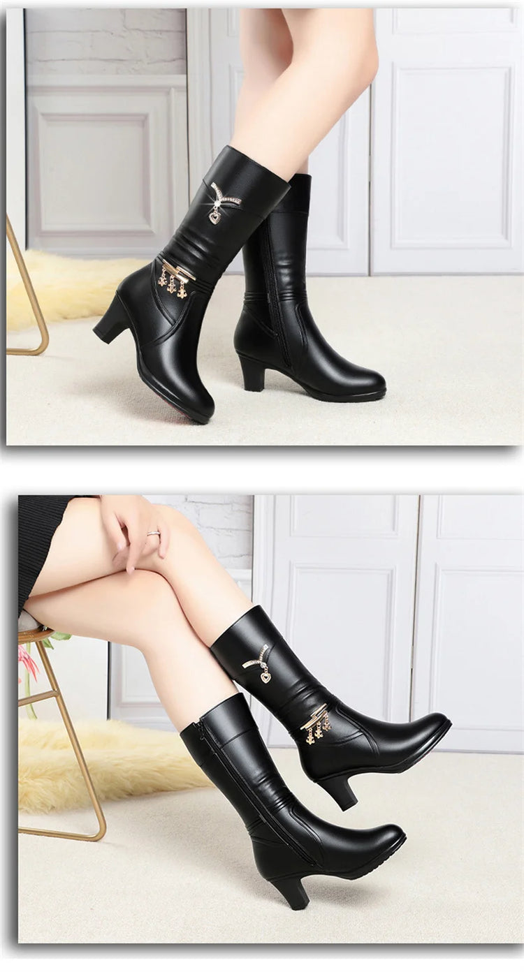 Women Comfortable Fleece Medium Boots Autumn Winter New Style Thick Heel Side Zipper Pointed Fashion High Heels Boots Elegant