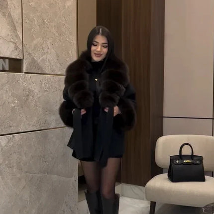 Solid Color Faux Fur Collar Cuff Wool Coat Women Belted Waist Short Jacket 2026 Winter Lady Street Daily Party Casual Outwear