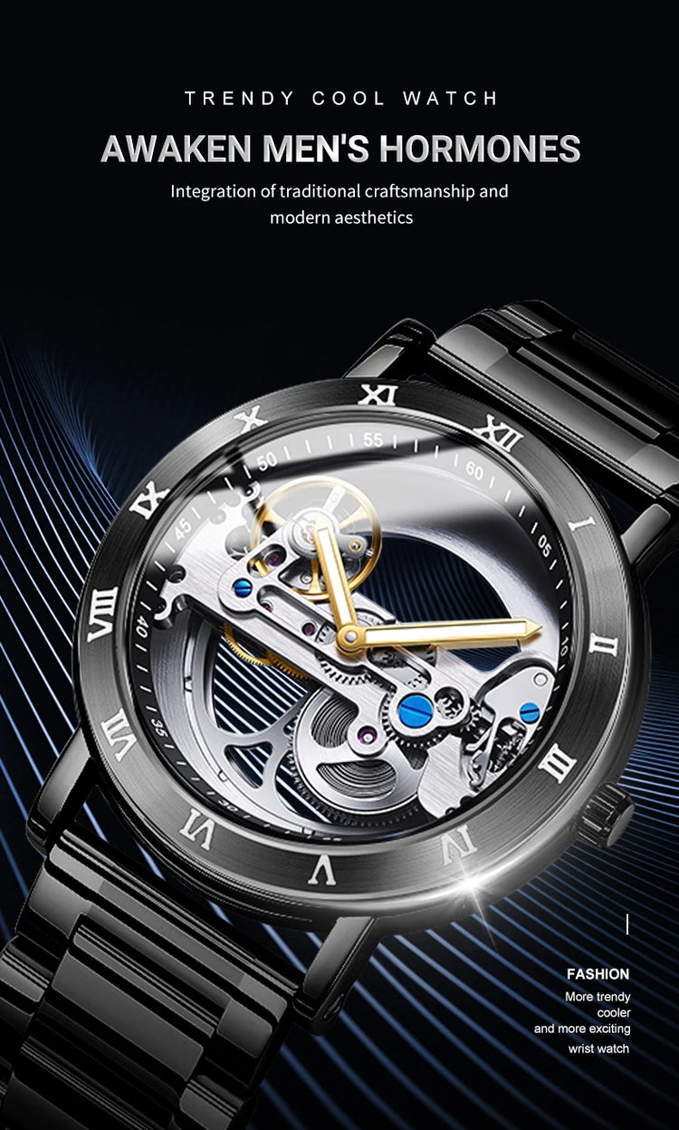 AKDPN Men's Watches Automatic Mechanical Stainless Steel Men's Wrist Watch Skeleton Automatic Watches for Man Watch Montre Homme