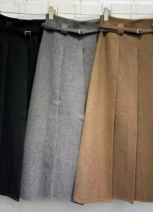 New Arrival Long Skirts 2025 Winter Fashion Women Belt Patchwork Casual Party Long Maxi Khaki Grey Black Wool Pleated Skirts PlatiNum