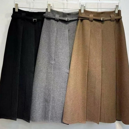 New Arrival Long Skirts 2025 Winter Fashion Women Belt Patchwork Casual Party Long Maxi Khaki Grey Black Wool Pleated Skirts PlatiNum