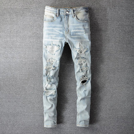 Men Crystal Holes Ripped Patchwork Jeans Streetwear Light Blue Denim Slim Skinny Pencil Pants Trousers PlatiNum