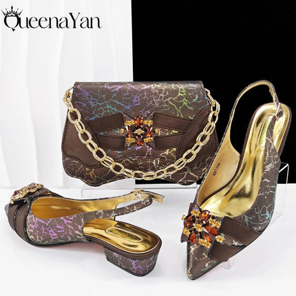Queena Yan Elegante set di borse con strass a punta blu e tacco basso per calzature e accessori per feste di matrimonio di lusso da donna