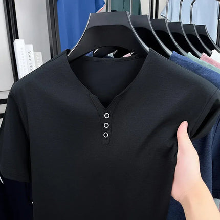 New Men's Casual and Fashionable Three Button V-neck Solid Color Short Sleeved T-shirt Summer Versatile Top PlatiNum