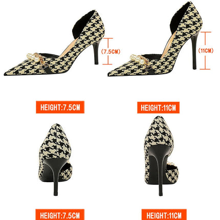 BIGTREE Scarpe 2026 Primavera Donna Pompe Catena di metallo perlato Tacchi alti Grana a quadri Tacchi a spillo Tacchi da donna Scarpe da banchetto di lusso 43 platinumshop