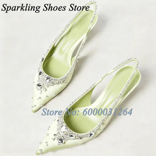 Slingback Crystal Satin Heeled Sandals Pointy Toe Shallow Rhinestones Decor High Heels Women Pull On Slip On Solid Luxury Shoes