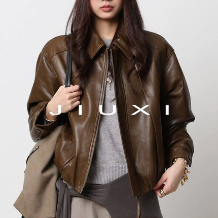 Soft Sheepskin Genuine Leather Cropped Jacket Women Lapel Zip Up Snap Button Side Pockets Casual Autumn Real Leather Outerwear