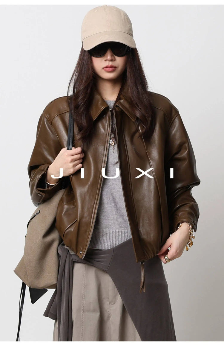 Soft Sheepskin Genuine Leather Cropped Jacket Women Lapel Zip Up Snap Button Side Pockets Casual Autumn Real Leather Outerwear